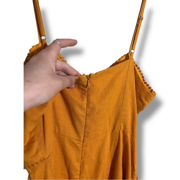 HYGVE Chic Sleeveless Crochet Trim Mustard Adjustable Straps Tie-Front Romper - Picture 16 of 16